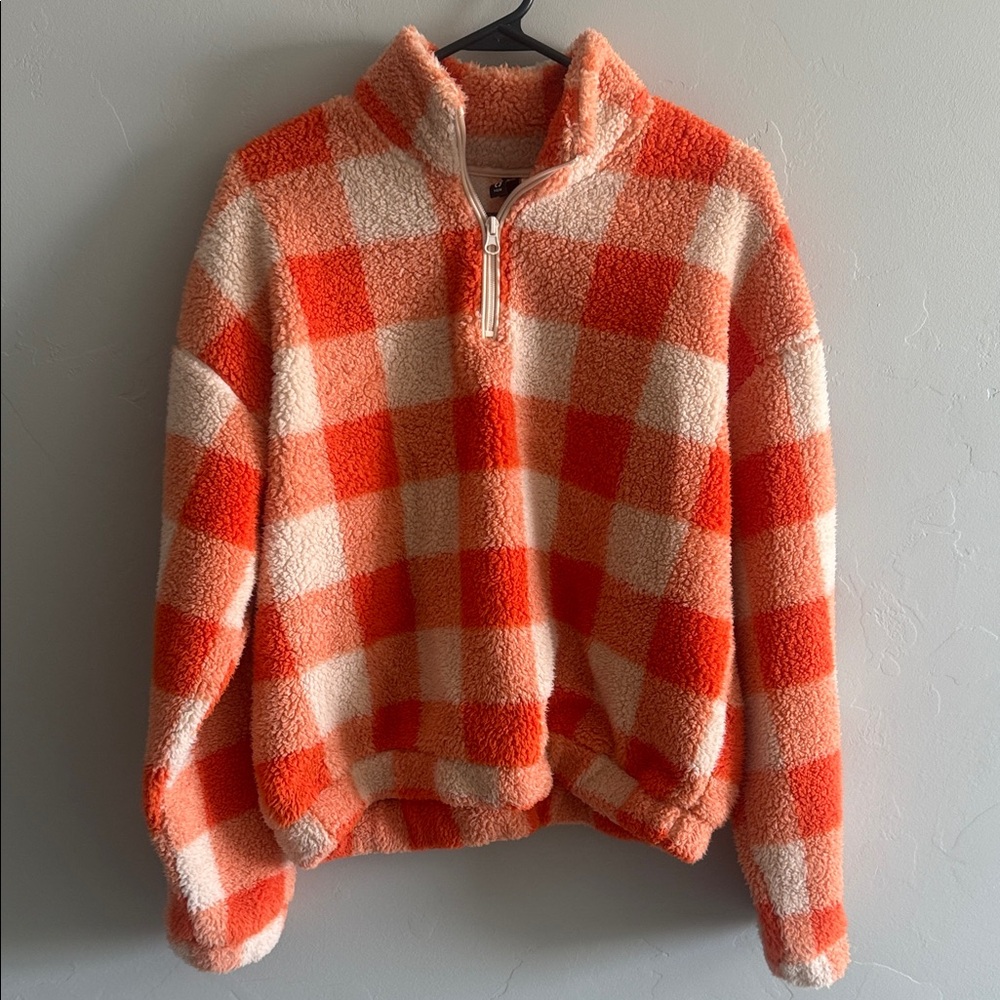 Orange and Cream Checkered Fleece Pullover